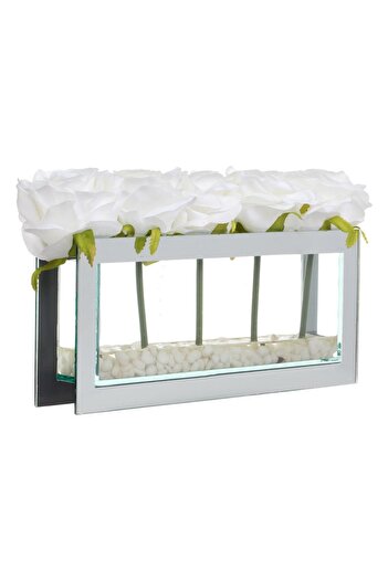 OEM Ghiveci Decorativ cu Oglinda & Trandafiri Albi 28x7x17cm