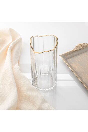 OEM Decorative Vase Made of Transparent Glass with Carved Gold Edge Ø12x26cm