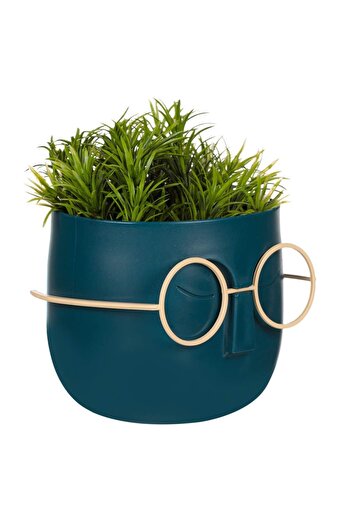 OEM Ghiveci Decorativ Fata Albastru cu Ochelari Bej & Planta Artificiala 11x11x14cm