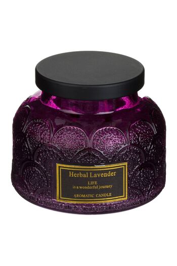 OEM Purple Scented Candle with Two Wicks & Lavender Aroma "Life" in Jar with Black Lid Ø8x9.3cm