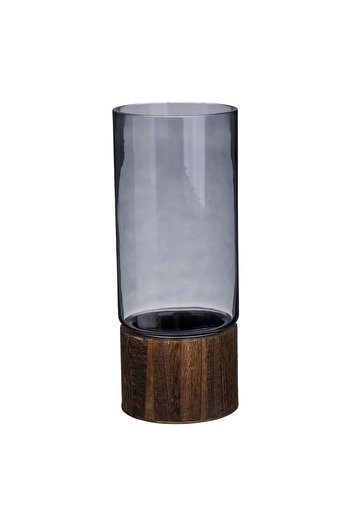 OEM Decorative Smoked Gray Glass Vase with Wooden Base Ø12x30cm