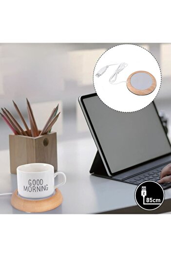 OEM Electric Mug Warmer with USB Cable Silver Beige with Wood Effect 10cm