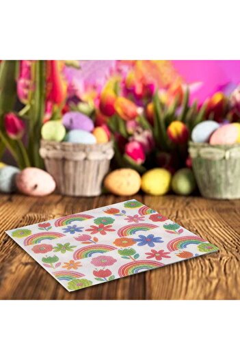 OEM 1-Ply White Rainbow Flowers Table Napkins 33x33cm - 40pcs