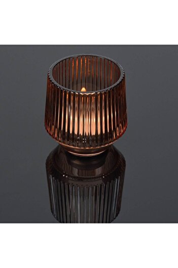 OEM Amber Glass Candle Holder with Vertical Embossed Stripes Ø7x8cm