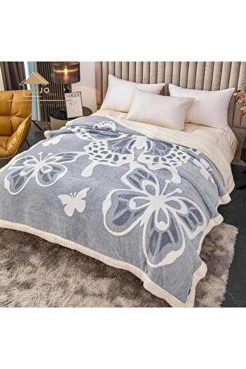 JOJO HOME 3D butterfly blanket, with fur, cocolino, 200x230cm, Light Grey