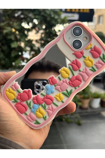 EDELFU iPhone 15 - 14 and 13 Compatible Tulips Patterned Mirrored Soft Dough Silicone Pink Case