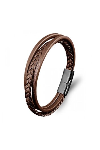 FM Brown Leather Men's Bracelet – Titanium Steel with Magnetic Lock 31833B14D4