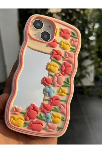 EDELFU iPhone 15 - 14 and 13 Compatible Tulips Patterned Mirrored Soft Dough Silicone Pink Case