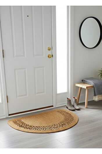 HomeTurko Homeaura Natural Jute Door Mat Half Hand-Knitted Wicker Front Door Bathroom Kitchen Balcony Rug