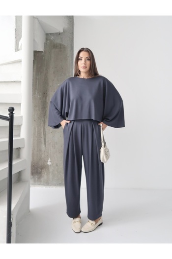 Paw Garage Women's Lyra Modal Batwing Sleeve Blouse- Pleated Baggy Pants Set, Top and Bottom Set