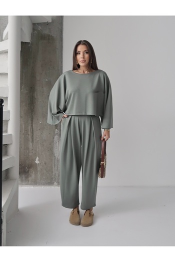 Paw Garage Women's Lyra Modal Batwing Sleeve Blouse- Pleated Baggy Pants Set, Top and Bottom Set