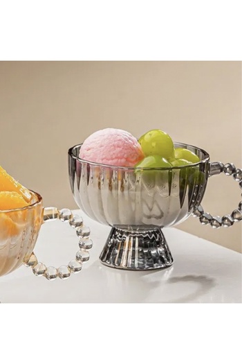 PUFO Set of 2 dessert or ice cream cups, with elegant foot and handle, made of thick glass, premium model