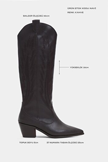 NİŞANTAŞI SHOES Γυναικείες μπότες με χοντρό τακούνι Navi Brown με ματ μύτη με κέντημα