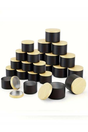 KAVANOZ DESİGN 15 Pcs Black Tinplate Metal Candle Jar Wooden Look Lid, DIY Home Decoration, Storage Bowl