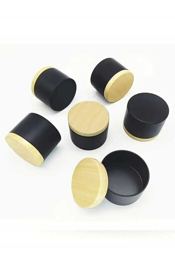 KAVANOZ DESİGN 15 Pcs Black Tinplate Metal Candle Jar Wooden Look Lid, DIY Home Decoration, Storage Bowl