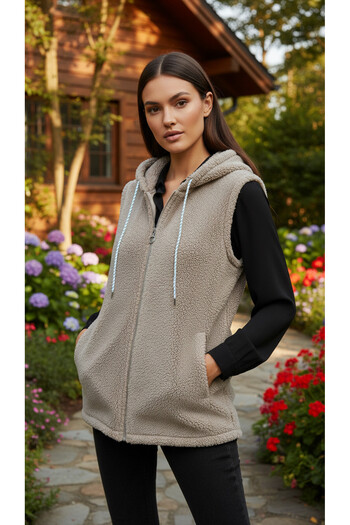 trendlina Zippered Hooded Plush Vest