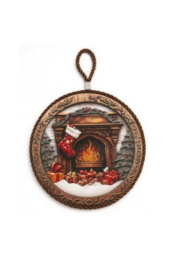 OEM Christmas ceramic decoration, Round, Relief pattern, With Fireplace and gifts, for wall or door, The
