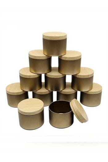 KAVANOZ DESİGN 15Pcs Gold Tinplate Metal Candle Jar Wooden Look Lid, DIY Home Decoration, Storage Bowl