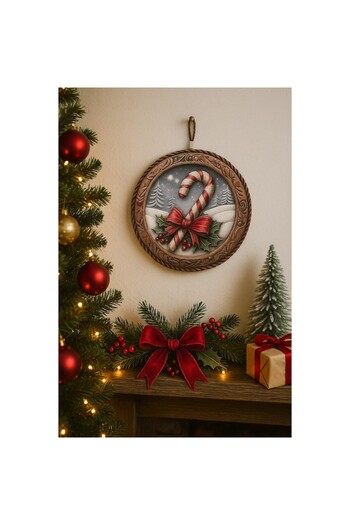 OEM Christmas ceramic decoration, Round, Embossed model, With lollipop and bow, for wall or door, Ideal