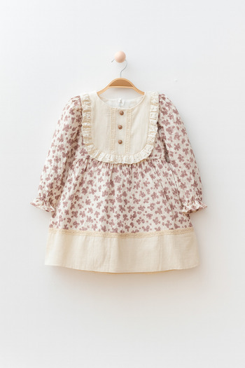 2kids2mom Baby Girl Child Floral Patterned Linen Collar Lined Muslin Dress with Ruffle Detail