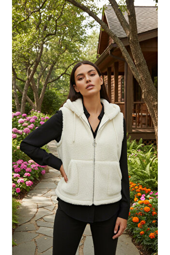 trendlina Zippered Hooded Plush Vest