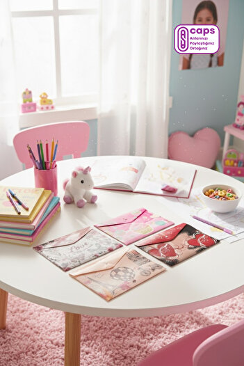 caps office 4 Pieces A4 File Set with Snap Fasteners (Envelope) for Girls – Love, Cupcake, Paris and Hearts
