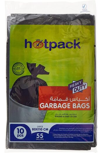 Hotpack Disposable Strong & Biodegradable Plastic Heavy Duty Black Garbage Bags 80x110cm, 10 Pieces