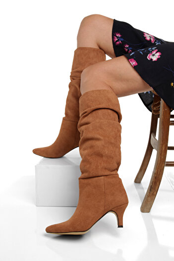 PİMORA '' Gennaro'' Tan Suede Pointed Bellows Pull-On 5 cm Thin Heel Boots New Season
