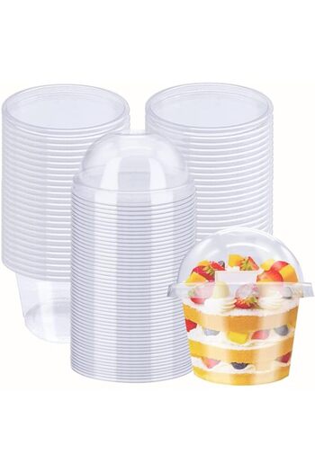 Generic TOMVAES 100 Pack 10 oz Clear Plastic Dessert Cups with Dome Lids No hole and Sporks,Disposable Snac