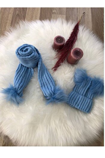 EXTRAÇARŞI Baby Girl Double Pompom Scarf Beanie Set 4/14 Years