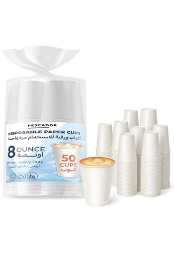 Generic PESCADOR Paper Cups (50 Pack) 8oz White Disposable Coffee Cups for Hot & Cold Drinks - 237 ml Paper