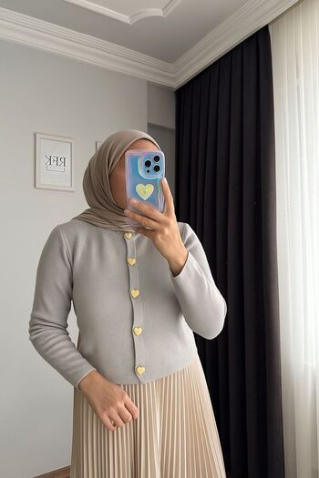 RFK Butik Women's Skirt Top Gold Heart Button Detailed Knitwear Hijab Cardigan - Gray