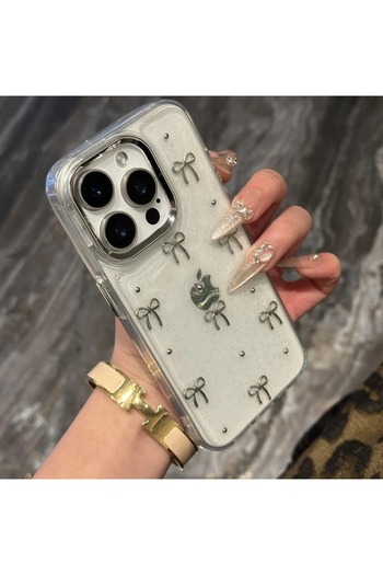 MustCase For iPhone 16 Pro Max Case Bow Pattern Glitter Transparent Case Silver Camera Raised Shiny Cover