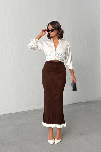 Lusin Women's Brown Ribbed Elegant Knit Skirt