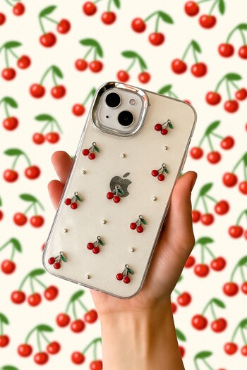 MustCase iPhone 15 Case Cherry Pattern Glitter Transparent Case Silver Camera Protruding Shiny Cover