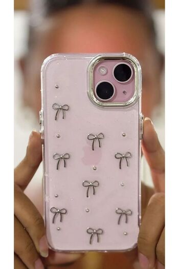 MustCase iPhone 15 Case Bow Pattern Glitter Transparent Case Silver Camera Protruding Shiny Cover