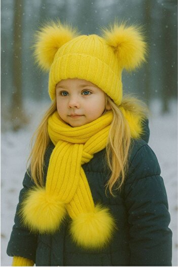 diamondstar Baby Girl Double Pompom Scarf Beanie Set 4/14 Years