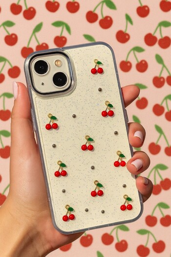 MustCase iPhone 15 Case Cherry Pattern Glitter Transparent Case Silver Camera Protruding Shiny Cover