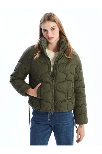 LC Waikiki Lcw Vision Khaki Stand Collar Self Pattern Women's Puffer Coat