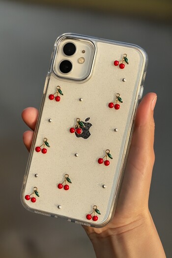 MustCase iPhone 11 Case Cherry Pattern Glitter Transparent Case Silver Camera Protruding Shiny Cover