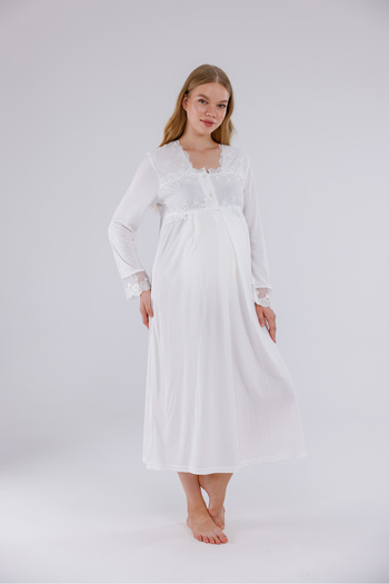 Yulem Homewear Ecru Special Lace Long Sleeve Cotton Maternity Nightgown with Nursing Feature