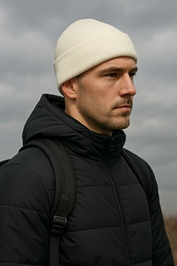 awix Unisex Knitwear Folded Autumn Ribbed Winter Beanie White