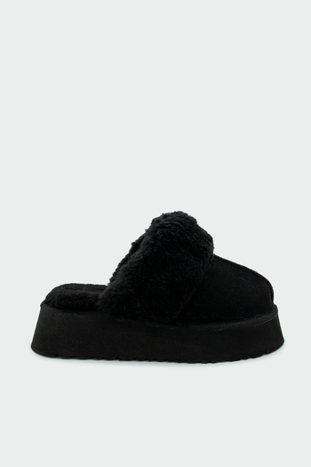 LAMİNTA Rover Black Suede Furry Flat Sole Women's Slippers