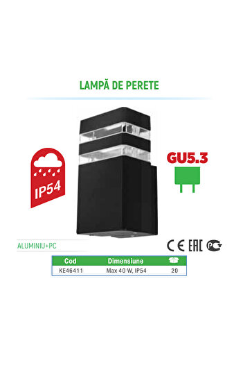 Klaus Lampa De Perete Negru Ip54 1XGu5.3 Alu.+Pc 100*110*200Mm, KE46411 (20)