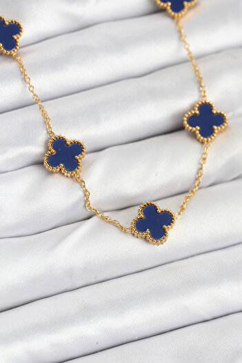 P Parla 316L Steel Chain Gold Color Navy Blue Clover Women's Necklace - Lisinya