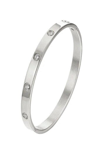 THK Bangle Bracelet 6mm, THK, Zirconia Stones, Stainless Steel, 19 cm, 18K Gold Plated, Silver, Unisex