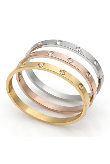 THK Set of 3 Bangle Bracelets, 6mm, THK, Zirconia Stones, Stainless Steel, 19 cm, 18K Gold Plated Unisex