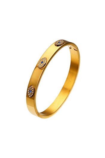 THK Bangle Bracelet 6mm, THK, Zirconia Stones, Stainless Steel, 19 cm, 18K Gold, Unisex, Golden Eyes