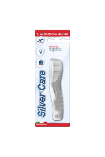 SILVER CARE Travel Toothbrush with Medium Bristles, Silver Head, Ergonomic, Foldable Handle, Pink/Bl