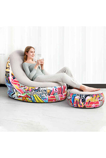 TSUMAB Bestway Graffiti Inflatable Chair with Footrest – Modern Air Lounge Seat for Home & Outdoor
